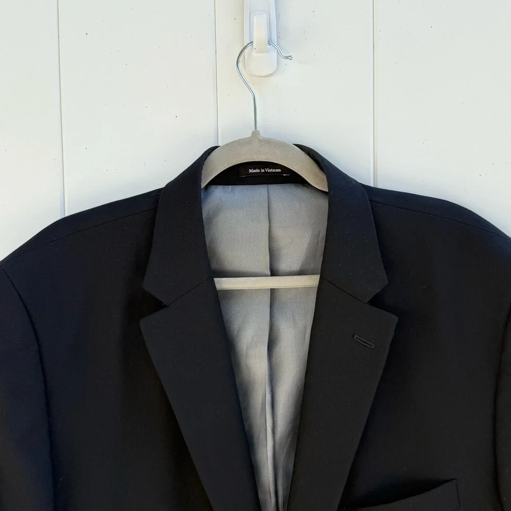 Black Wool Blazer Mens 46L Double Gold Crested Buttons Wedding Guest Coat/Jacket
